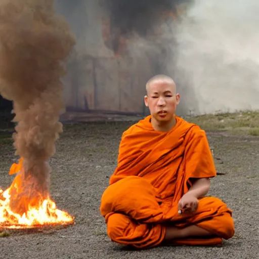 Image similar to a monk sitting while is burning and suffering