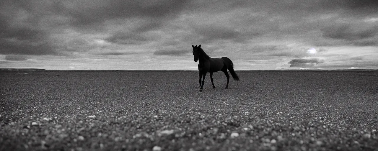 Prompt: low angle cinematic shot of lone futuristic horse in the middle of an endless black sand beach in iceland, iceberg, 2 8 mm