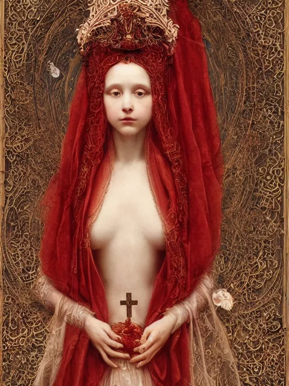 Image similar to a beautiful render of a catholic veiled red queen with symmetry intricate detailed ,pray,by James Jean,Enchanted doll,Lawrence Alma-Tadema,aaron horkey,Billelis,trending on pinterest,hyperreal,feminine,golden ratio,cinematic lighting