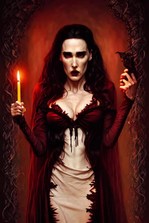 Image similar to jennifer connelly vampire queen, sharp fangs, blood, full body, intricate victorian dress, digital art, cinematic lighting, studio quality, symmetrical, artgerm, joshua middleton, rafael albuquerque, moody lighting, candles, art style by klimt, nixeu and ian sprigger and wlop and krenz cushart