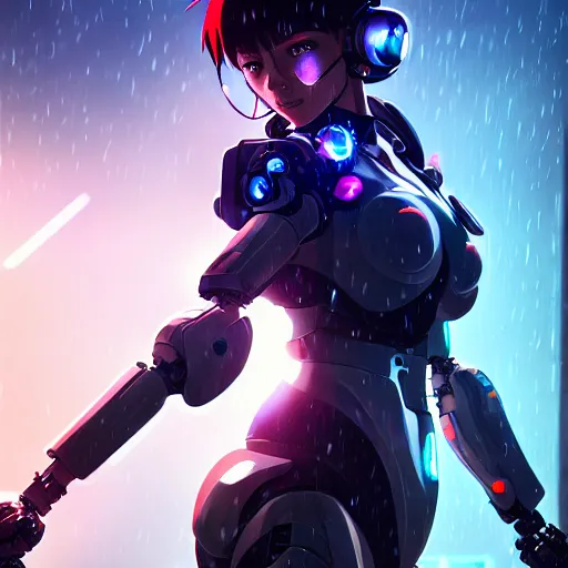 Image similar to refractions on lens, full round face, biomechanical details, beautiful cyborg girl fighting a mech in the style of arcane, cyberpunk anime art, full body shot, rain, wet street, window reflections, lens flare, wlop, ilya kuvshinov, artgerm, krenz cushart, greg rutkowski