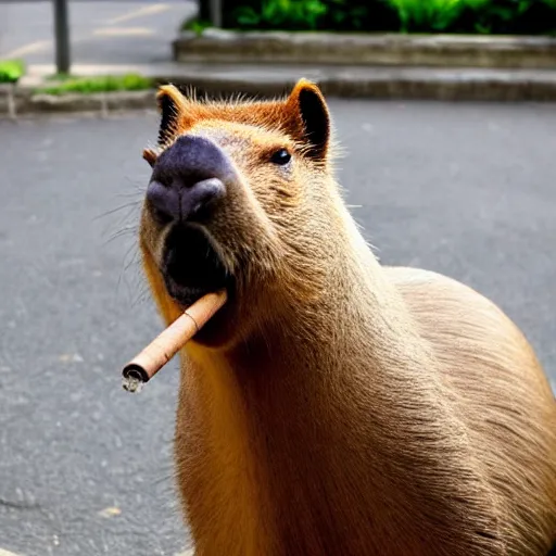 Image similar to an accurate capybara wearing a business suit and smoking a cigar in his mouth