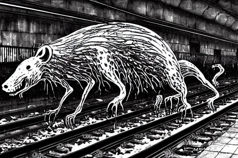 Prompt: very large giant mutant zombie irradiated angry rat sraying on railways in tonnel of moscow subway. extreme high detail, very realistic. low dark light, scary mood. giger and hermann nitsch