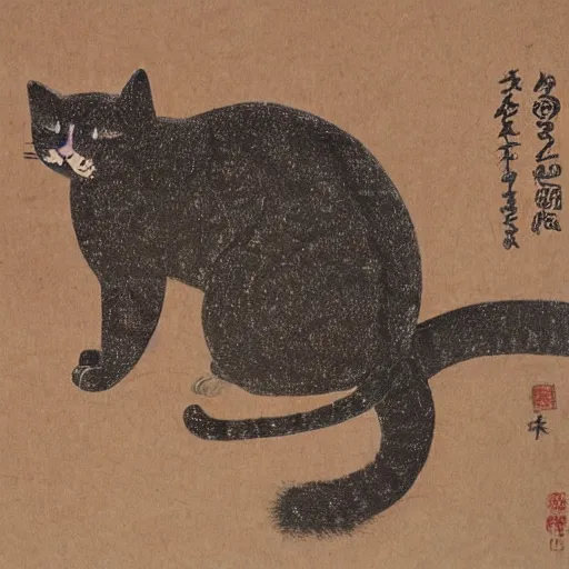 Image similar to cat made of coffee beans in lithography style of ogata korin