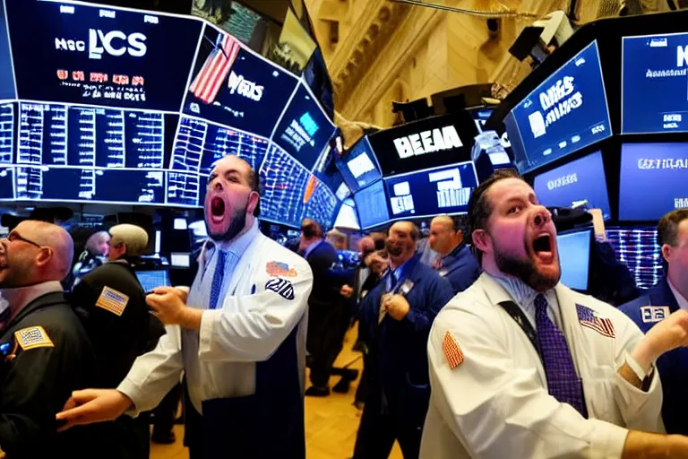 Prompt: bears screaming on the floor of the NYSE as the markets rally to all-time-highs, high definition color photograph