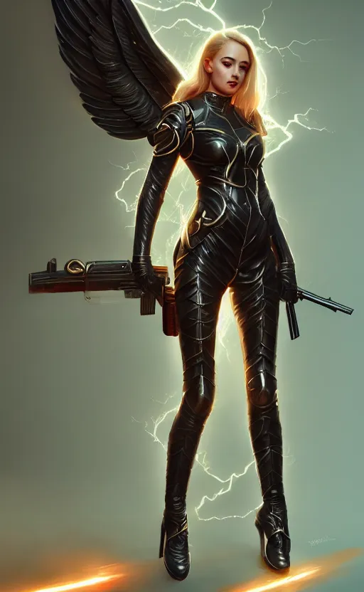 Image similar to full body portrait of a female fantasy angel with a shotgun surrounded by lightning, smooth and sharp, trending on artstation, fine details, elegant, dynamic pose, detailed and intricate environment, professional by tatyana kupriyanova and greg rutkowski and raymond swanland