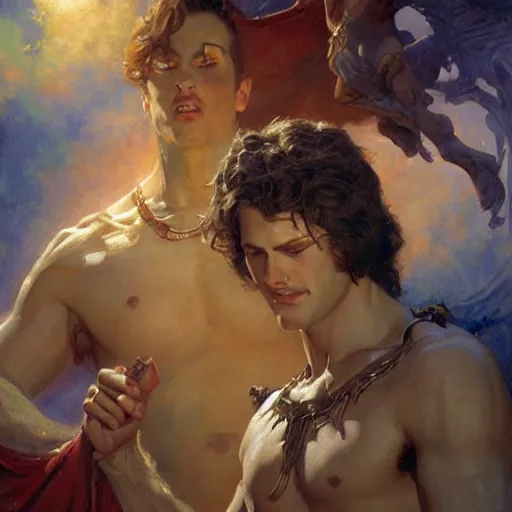 Prompt: attractive male deity casts dark spell, summoning handsome lucifer morningstar. highly detailed painting by gaston bussiere, craig mullins, j. c. leyendecker 8 k