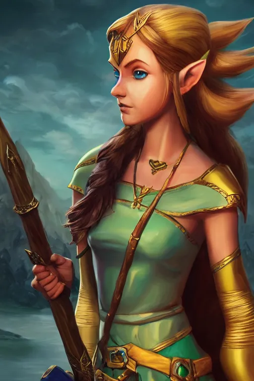 Prompt: A comic book style portrait painting of a princess Zelda in a stunning fantasy landscape, semi-realism, unreal 5, DAZ, hyperrealistic, octane render, RPG portrait, dynamic lighting