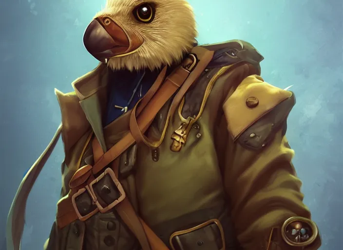 Image similar to character portrait feature of the anthro male anthropomorphic kakapo fursona wearing steampunk pirate airship captain outfit uniform professional pilot character design stylized by charlie bowater, ross tran, artgerm, and makoto shinkai, detailed, soft lighting, rendered in octane