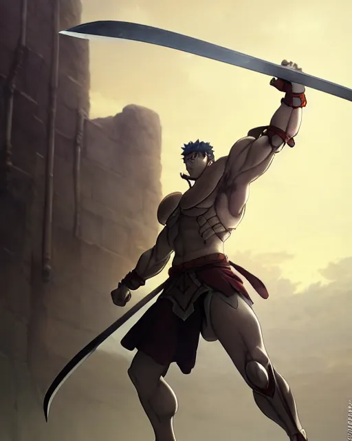 Image similar to strong muscular warrior with a greatsword and fully clad in plate armor, dramatic action pose, square masculine jaw, short messy hair, 3 d octane render, unreal engine 5, ultra high detail, cel shaded, trending on pixiv fanbox, by greg rutkowski makoto shinkai takashi takeuchi studio ghibli, akihiko yoshida