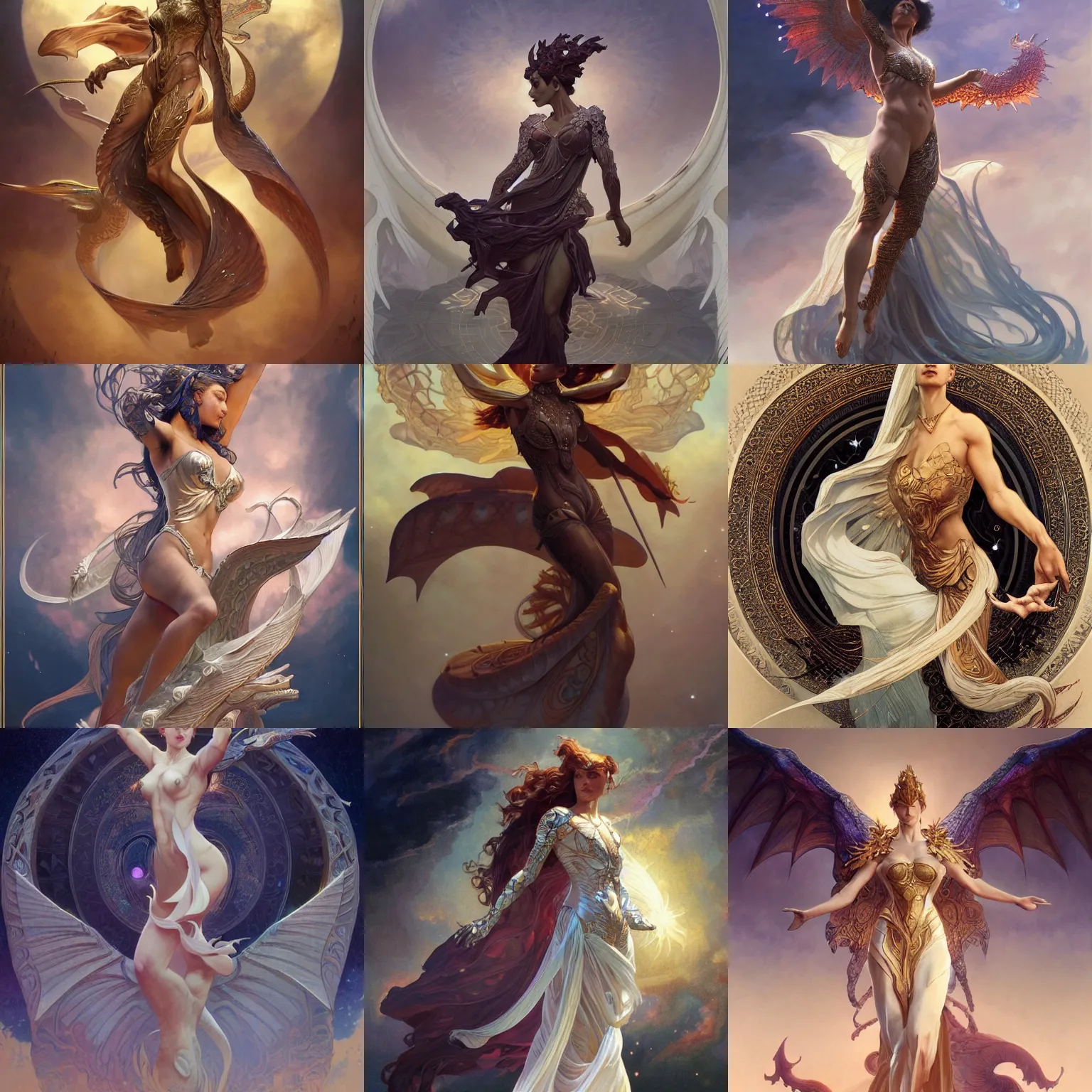 Prompt: stunning dynamic pose full body celestial goddess of dragons, intricate, elegant, highly detailed, digital painting, artstation, concept art, smooth, sharp focus, illustration, art by artgerm and greg rutkowski and alphonse mucha 4K IMAX hyperrealistic,