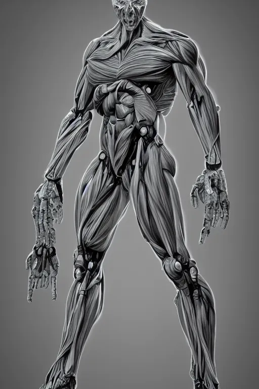 Image similar to full body mutant human anatomy concept, medical anatomy, cybernetic implants, gun metal grey, mecha limbs, muscular system reference, anatomical art, digital art, in the style of ruben alba, aaron sims, amanda lilleston, luka mivsek, bryan christie, ranjit ghosh, artstation, pinterest, deviantart, photoshop, octane render, unreal engine