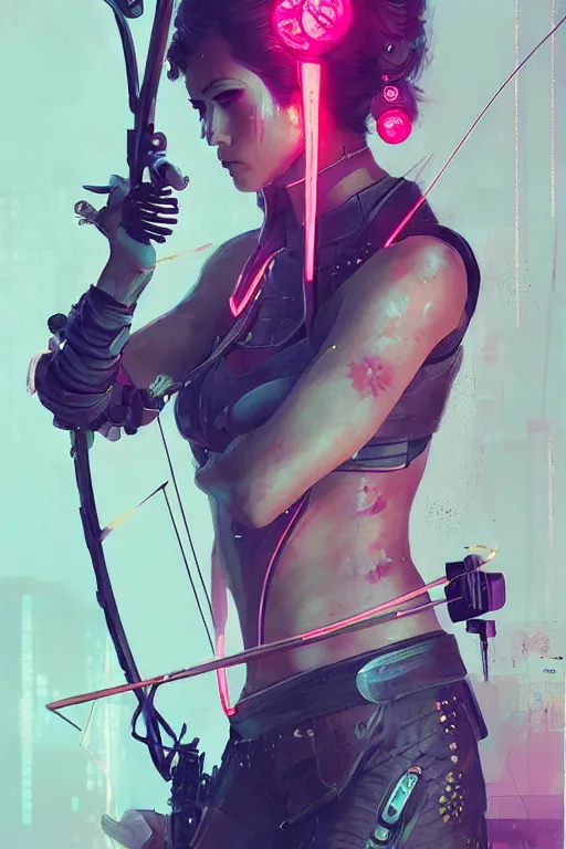 Image similar to female archer, cyberpunk futuristic neon. fencing, long sword in her hand, decorated with traditional japanese ornaments by ismail inceoglu dragan bibin hans thoma greg rutkowski alexandros pyromallis nekro rene maritte illustrated, perfect face, fine details, realistic shaded, fine - face, pretty face, masterpiece