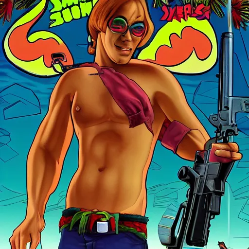 Image similar to Scooby Doo in GTA 5, cover art by stephen Bliss, no text, wearing a bikini, holding a gun, trending on artstation
