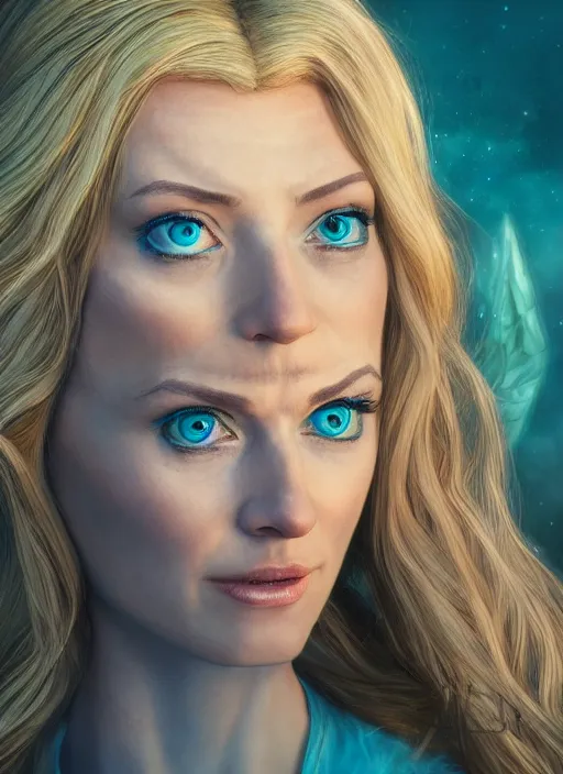 Image similar to an epic fantastic realism comic book style portrait painting of galadriel, teal energy, female, golden hair, d & d concept art, unreal 5, daz, hyperrealistic, octane render, cosplay, rpg portrait, dynamic lighting