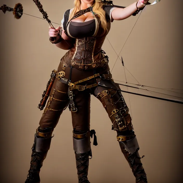 Image similar to full length photograph of a real-life kate upton as a steampunk archer, Extremely detailed. 8k