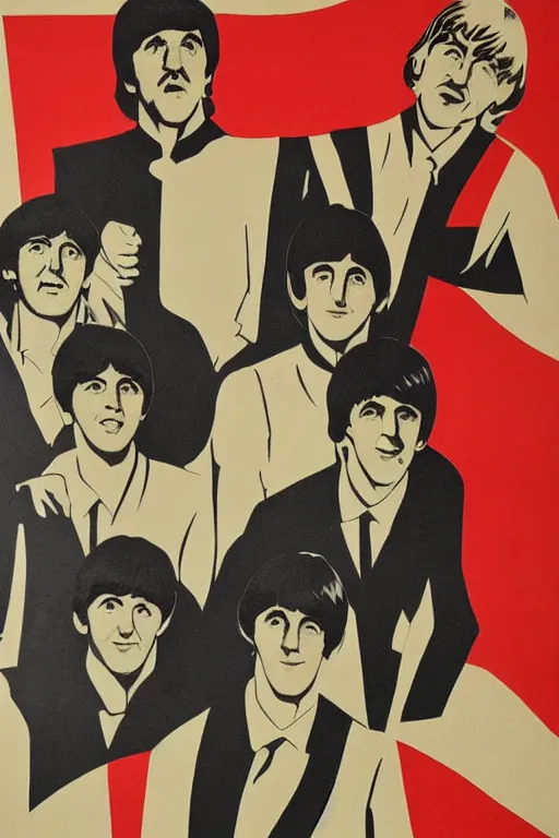 Image similar to the beatles as heroes on a soviet realism style propaganda poster