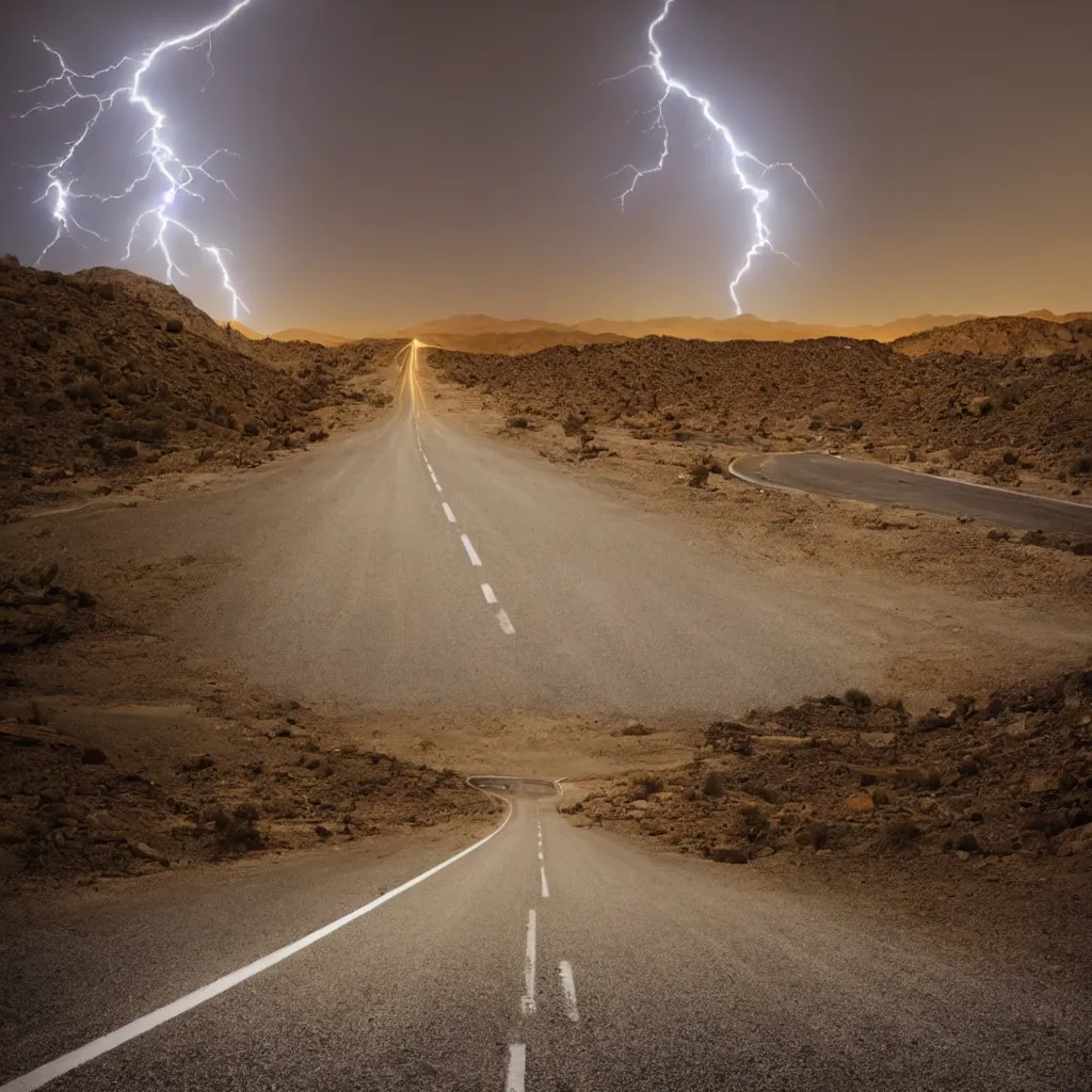 Prompt: photo of road at night desert distant flash of lightning