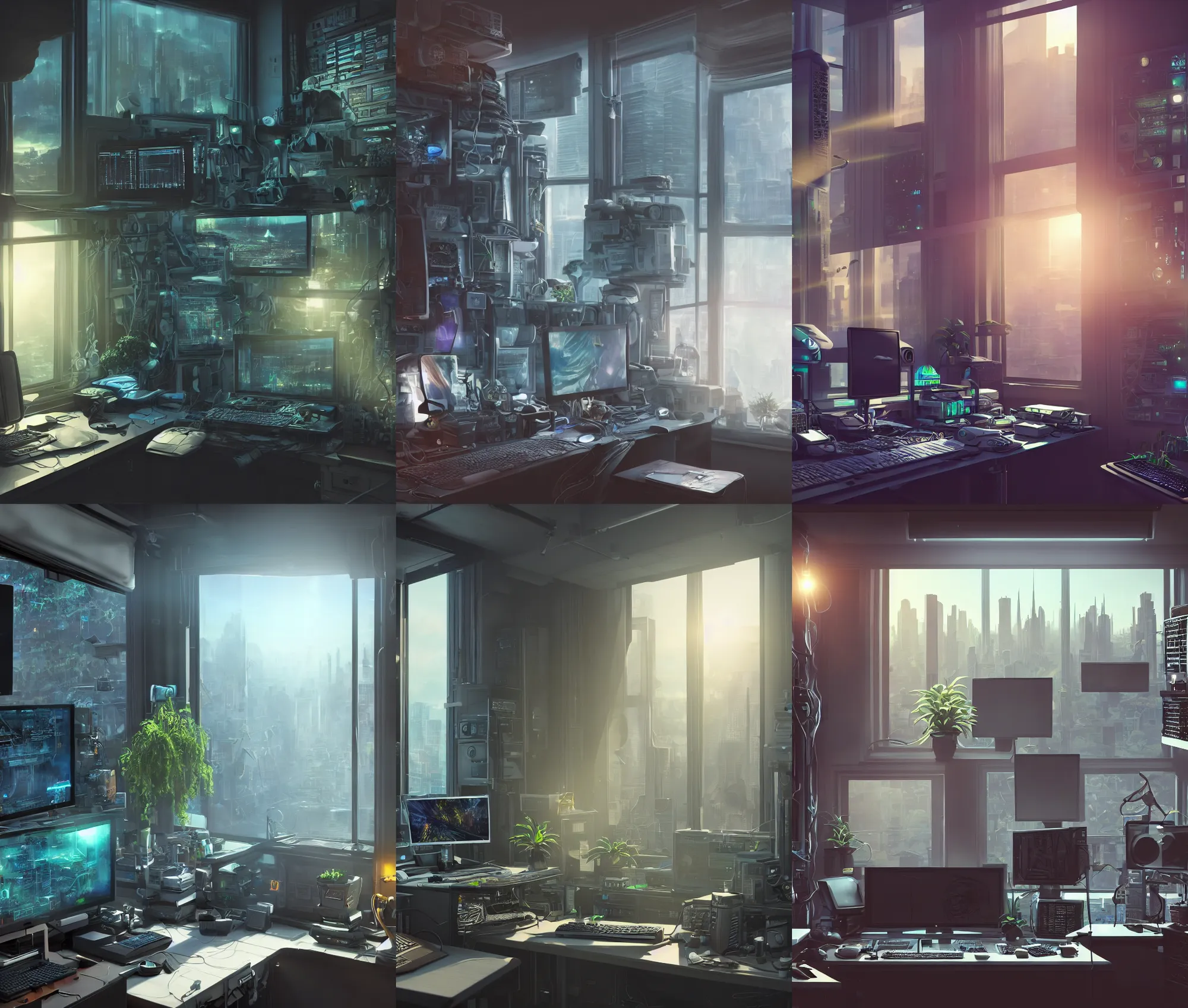 Image similar to detailed scifi artstation scene of a complex computer workstation in a small studio apartment room, single potted plant, many monitors, many electronics, a window view of the city, maximalism, volumetric light, sunny amber morning light, sun beam, atmospheric haze, unreal engine, hyperrealism, realistic shading, blender render, photorealistic, wide shot