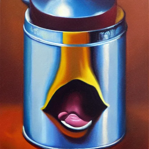 Prompt: a tin can with a face, opening its mouth, surrealist oil painting