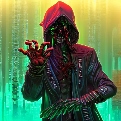 Image similar to cyberpunk undead lich ilithid mindflayer playing synthesizers, honeycomb background, D&D, laser show, highly detailed, realistic, technology and magic,