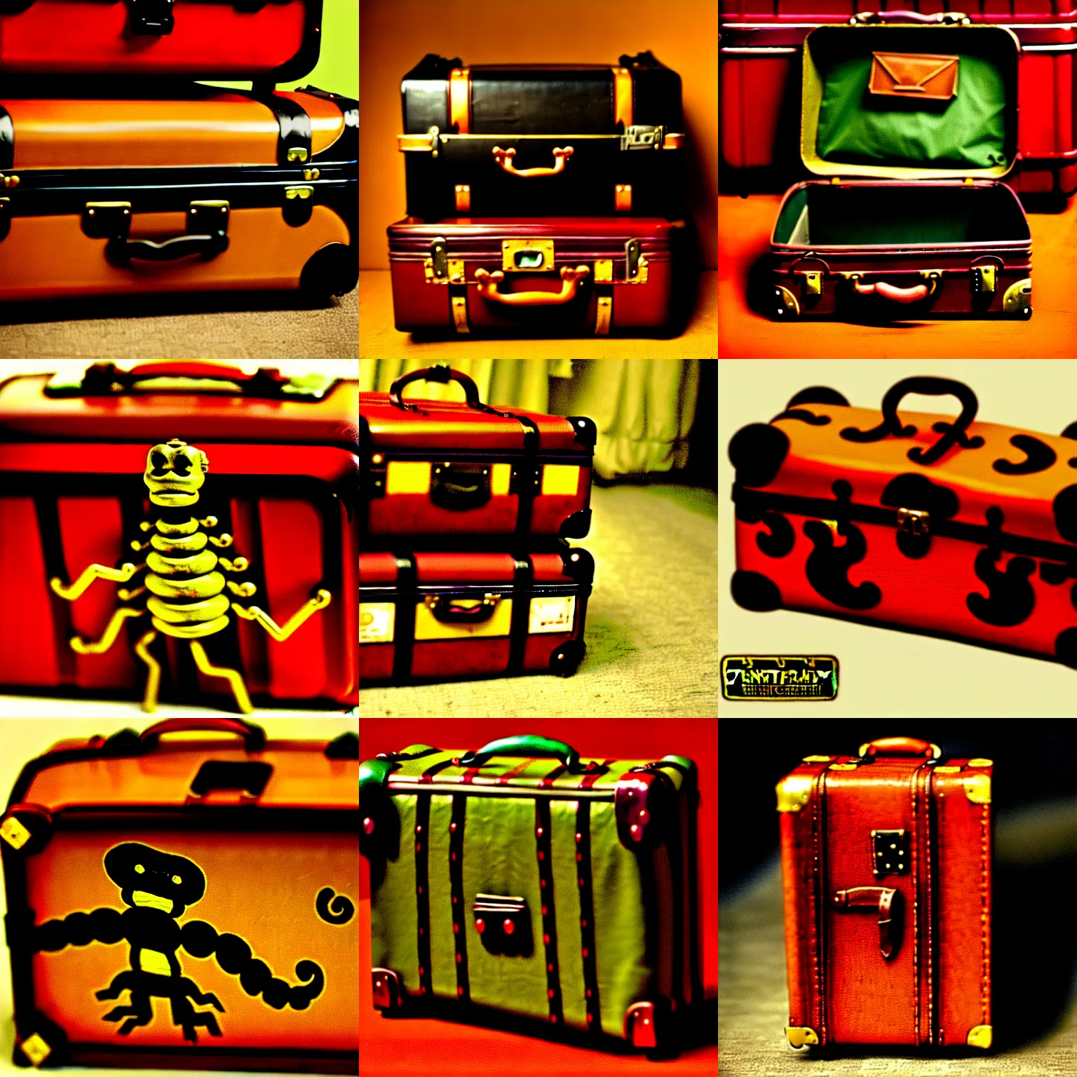 Prompt: luggage from terry pratchett's discworld, sentient with a hundred tiny legs, suitcase - centipede, mimic, photograph