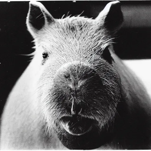 Prompt: criminal mugshot of an capybara, black and white, 1970s photo