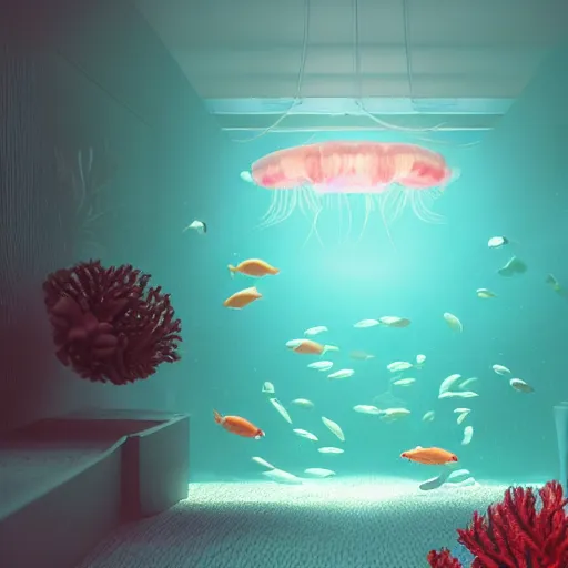 Image similar to the realistic photo of the modern room as aquarium with a big neonic jellyfish and corals, under the ocean, realistic colors, realistic shadows, daylight made in blender, hd, 3 d by beeple and damian hirst