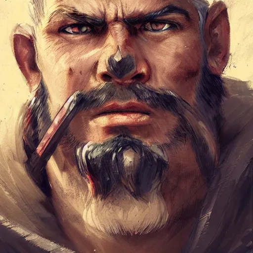 Image similar to portrait cool old barbarian warrior with trucker mustache and short hair, 8 k, trending on art station, by tooth wu and greg rutkowski