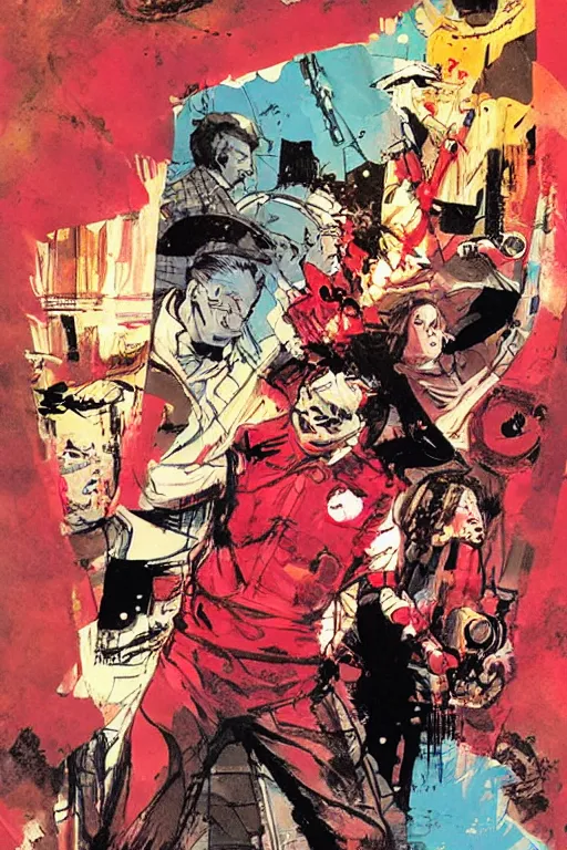 Prompt: cover for a comic titled push the red button. art by bill sienkiewicz.