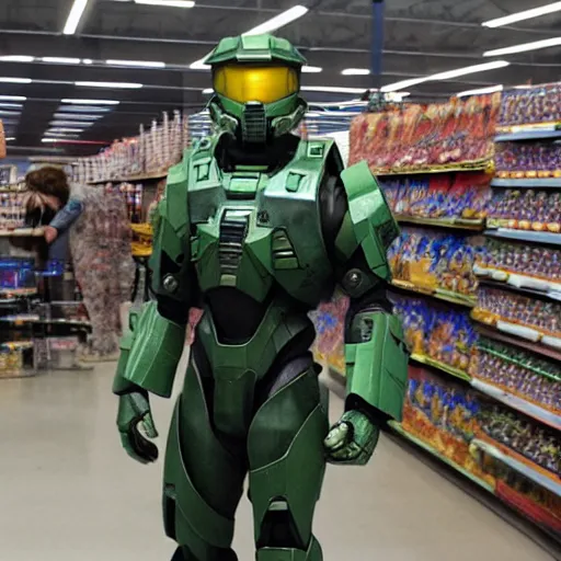 Prompt: master chief standing in a walmart