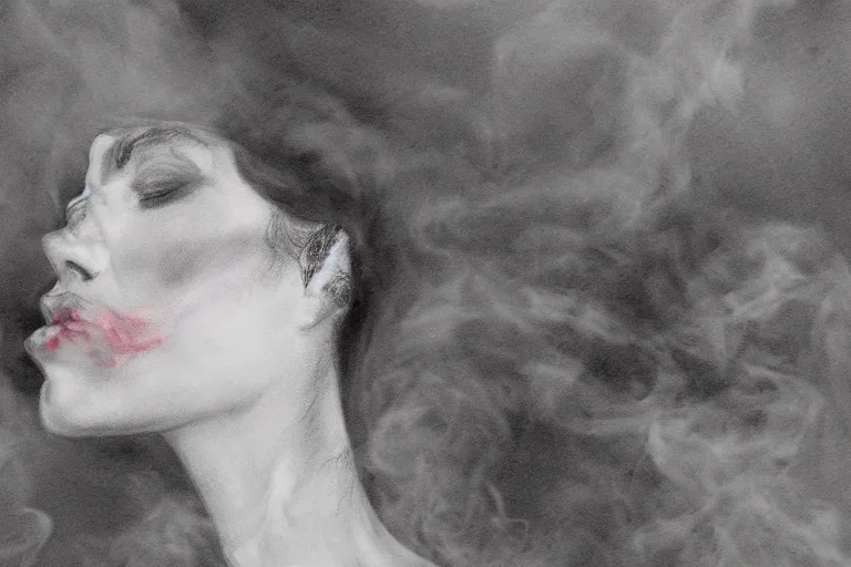 Image similar to a women fading into smoke, drawing, portrait, detailed, wide shot,. - h 4 0 0