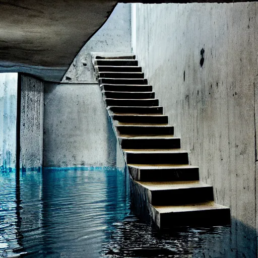 Image similar to dingy abandoned concrete room, triangular room, blue pool tiles, liminal space, museum, concrete staircase leading down, staircase flooded with water to create a moon pool, Photograph, found footage, dark, dingy.