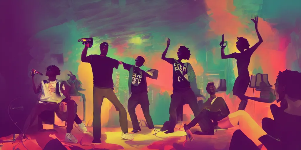 Prompt: friends rapping with microphone in living room, asian, black, caucasian, hispanic, indian, epic pose, silhouetted, distinct, digital art, vaporwave, psychedelic, surreal, hip hop, trending on Artstation, professional artist, detailed, 4k