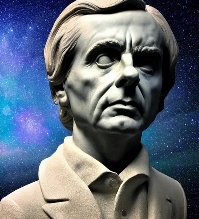 Prompt: beautiful Classical bust of Carl Sagan, with a tender and dreamy look into the deep space
