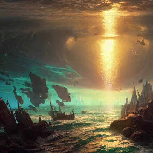 Prompt: A beautiful painting of Atlantis arising from the depths of a digital ocean heralded by steampunk whales by greg rutkowski and thomas kinkade, trending on artstation volumetric lighting