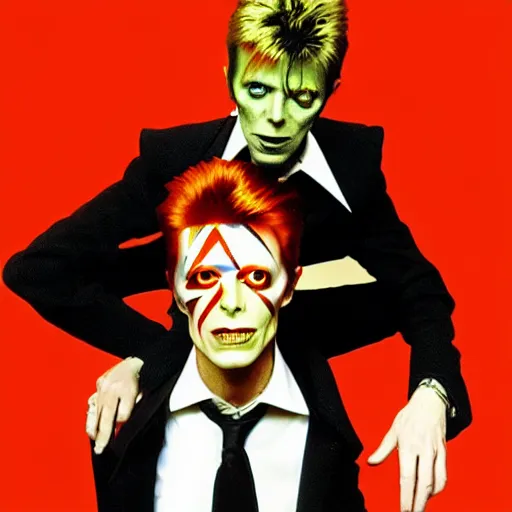 Image similar to david bowie from changes giving a piggy back ride to ziggy stardust. in the style of hans baldung.