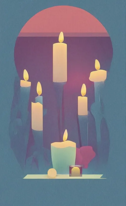 Image similar to illustration with a set of beautiful scented candles, close - up photo in cozy interior, candle lighting, glowing, pinterest, an art deco painting by tom whalen, trending on behance, art deco, digital illustration, storybook illustration, grainy texture, flat shading, vector art, airbrush, pastel, watercolor, poster