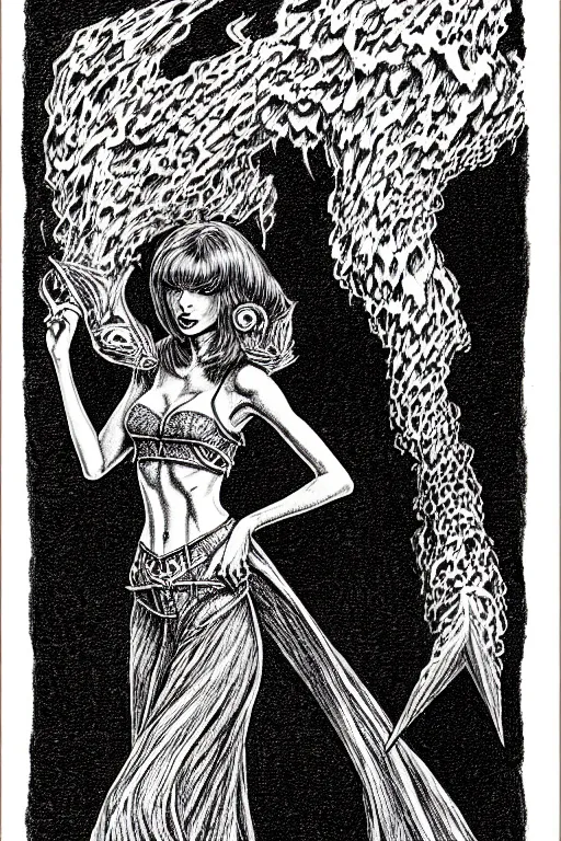 Image similar to taylor swift as a d & d smoke monster, full body, pen - and - ink illustration, etching, by russ nicholson, david a trampier, larry elmore, 1 9 8 1, hq scan, intricate details, inside stylized border