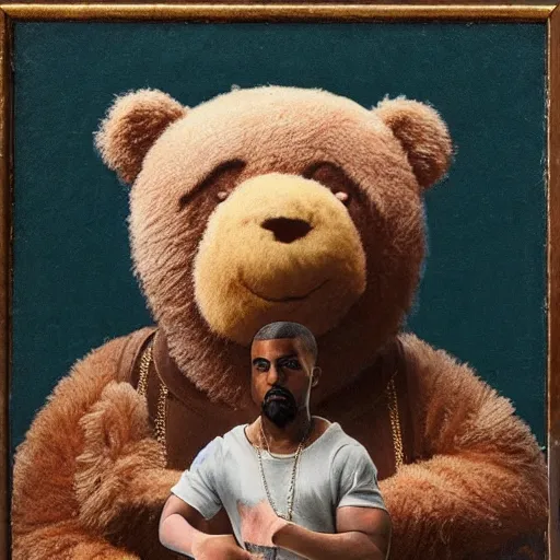 Image similar to A renaissance painting of Kanye West with a anthropomorphic Teddy Bear mascot, portrait, album cover,