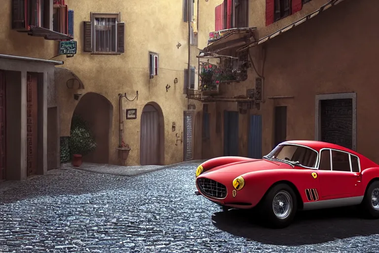 Image similar to a wholesome animation key shot of!! one!! focused!! ferrari 2 5 0 gt!! in beautiful cinque terre italian street, medium shot, studio ghibli, ( pixar ) and disney animation, sharp, very detailed, high resolution, rendered in unreal engine 5, anime key art by greg rutkowski, bloom, dramatic lighting