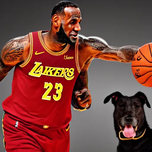 Image similar to lebron james with that dog in him, professional photograph, hd quality, high quality 4 k quality, 8 k quality, high detail