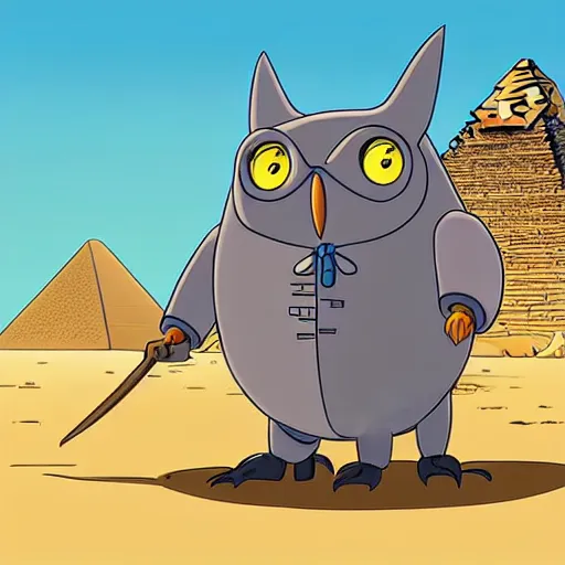 Image similar to a study of cell shaded cartoon of a mechanized grey owl from howl's moving castle ( 2 0 0 4 ), in front of pyramids on a desert road, full body, wide shot, very muted colors, post grunge, studio ghibli, laurie greasley, highly detailed, deviantart, art by artgem