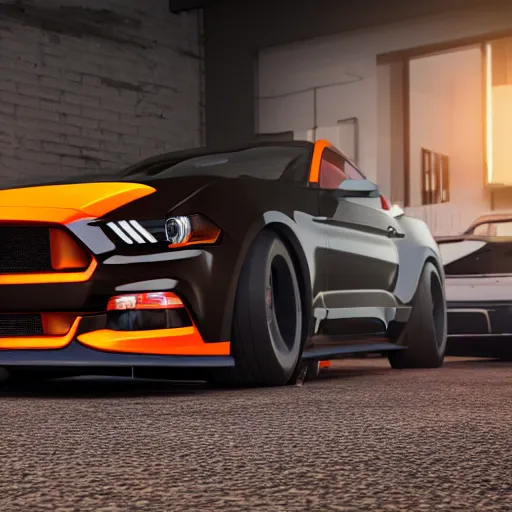 Image similar to ford mustang 1967 model sta ding in a showroom with orange neon lights, 3 render, vray, 8k