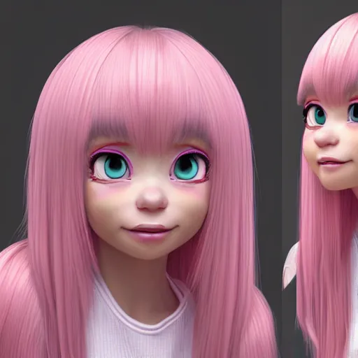 Image similar to A portrait of Nikki from Shining Nikki and Love, a cute 3d cgi toon young woman with long light pink hair, full bangs, hazel eyes, full face, light makeup, pale skin, Chinese heritage, cute outfit, medium shot, mid-shot, hyperdetailed, 8k, trending on artstation, as a Pixar character