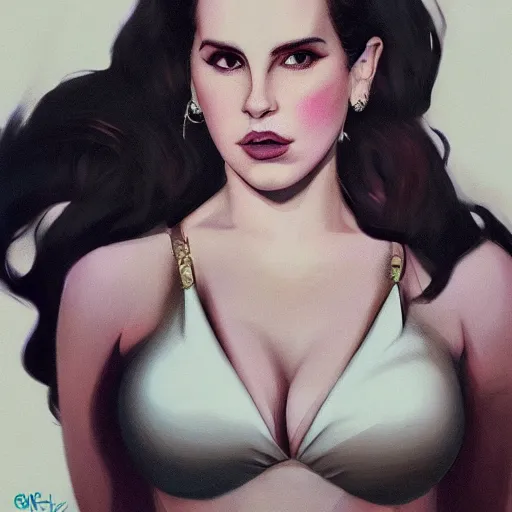 Image similar to detailed photo of lana del rey wearing a playboy bunny outfit, 8 k, by greg rutkowski, artgerm, global illumination