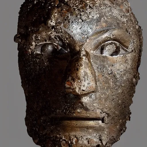 Image similar to an extremely ancient ironman bust that is tarnished and covered in sediment from uncovered earth expedition, rare photograph, smithsonian,