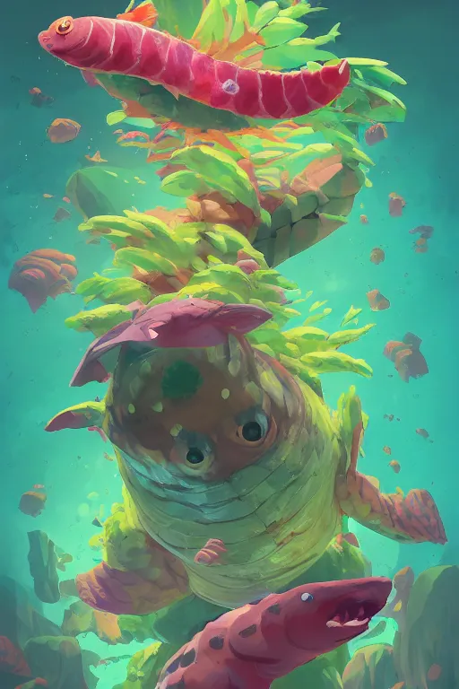 Image similar to 3 d render creature animal sushi cristal very big eye roots cactus elemental flush of force nature micro world fluo fishscale, comics gta 5 cover, official fanart behance hd artstation by jesper ejsing, by rhads, makoto shinkai and lois van baarle, ilya kuvshinov, ossdraws