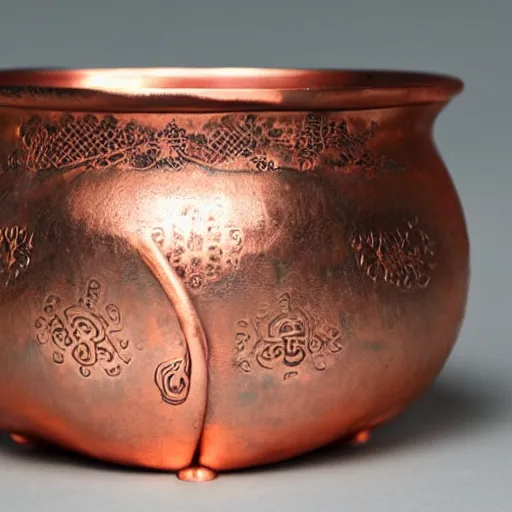 Prompt: A metal incense burner made of copper in the shape of a gourd. With delicate Japanese decorative carvings