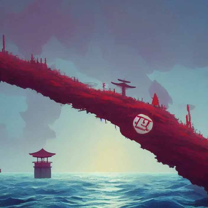 Image similar to a beautiful painting of a torii at sea by simon stalenhag and greg rutkowski, in style of digital art. hyper detailed, sharp focus, soft light. octane render. ray tracing. trending on artstation